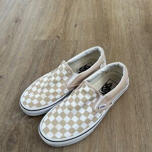 Vans Beige and White Checkered Slip-Ons